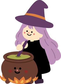 Cute Halloween Kawaii Witch Stirring a Smiling Cauldron
