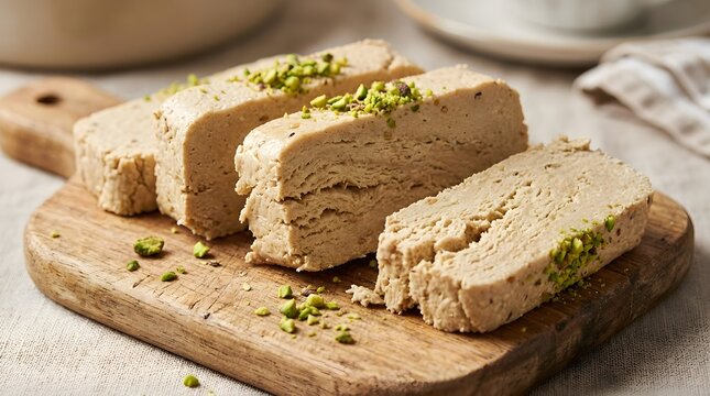 Slices of sweet tahini halva with pistachios on a wooden cutting board