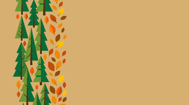 Autumn forest border with green pine trees and fall leaves