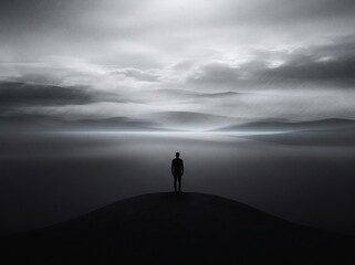 Fototapeta premium Silhouette of a Man Standing on a Hill Overlooking a Misty Abstract Landscape