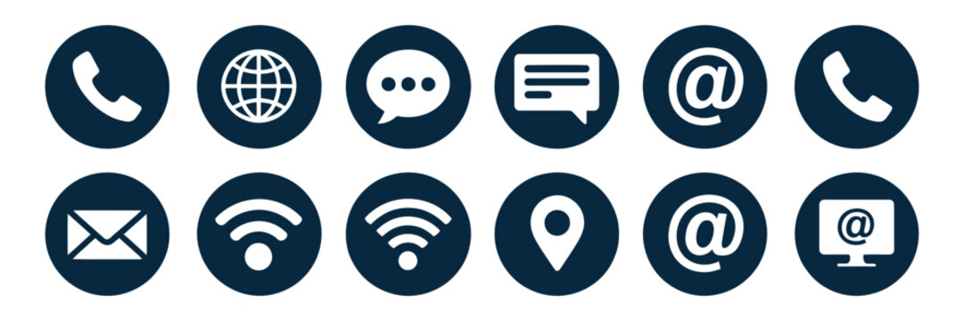 Contact Us icons featuring phone, email, chat, location, and simple flat vector styles for customer support, business communication, and website interface design.