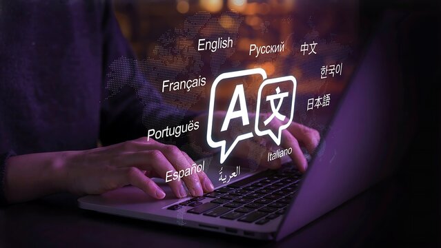 Person typing on a laptop with a digital language translation icon and many world languages floating above