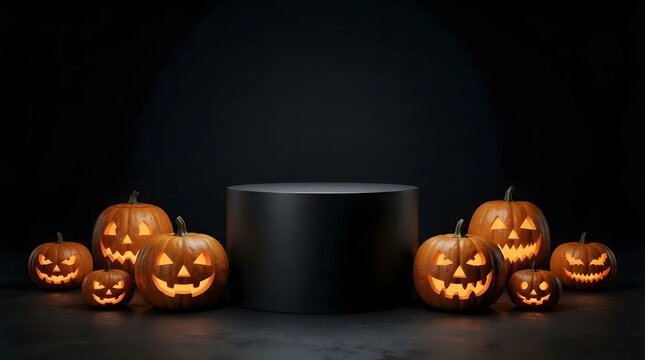Happy halloween product display podium surrounded by glowing spooky jack o lantern pumpkins on dark background
