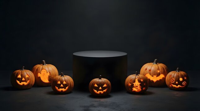 A festive happy halloween product display stand surrounded by glowing carved jack o lanterns on dark background