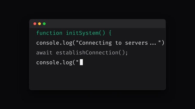 Animated coding sequence, developer writing system initialization function with console logs and connection establishment, seamless loop, symbolizing programming and software development