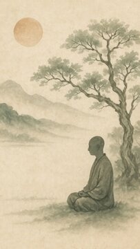 Serene monk under tranquil tree.