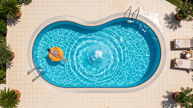Aerial overhead view of a luxury swimming pool with woman floating on inflatable ring in monochrome black and white fineart vector style concept for summer vacation persia iran resort and relaxation
