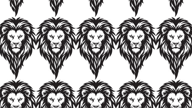 Abstract repeating lion head pattern with bold black white symmetrical mane illustration arranged in uniform rows for decorative artwork