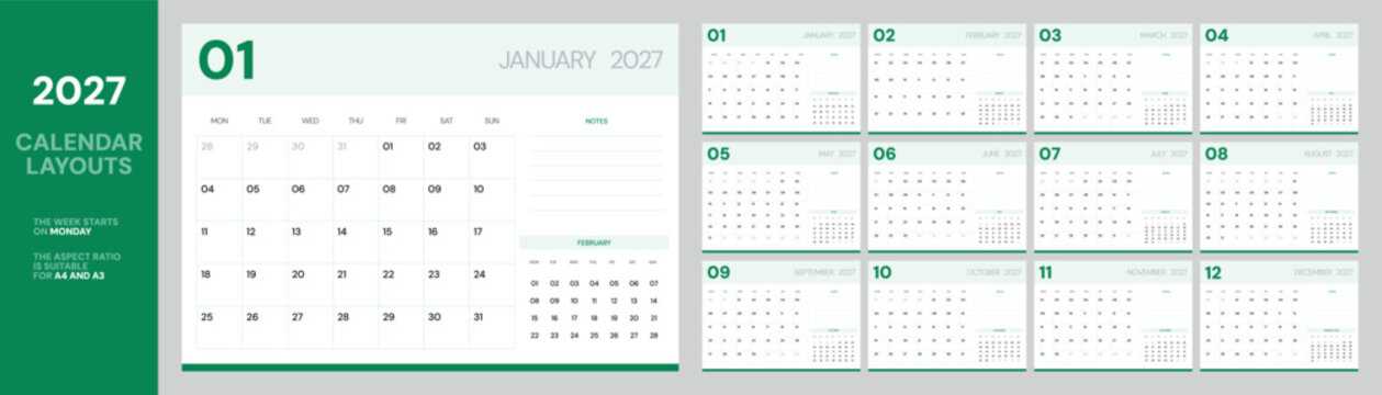 Minimal green 2027 monthly calendar template with notes section, Monday week start, clean corporate layout, printable planner design for A4 and A3 paper, simple organizer for office and home use