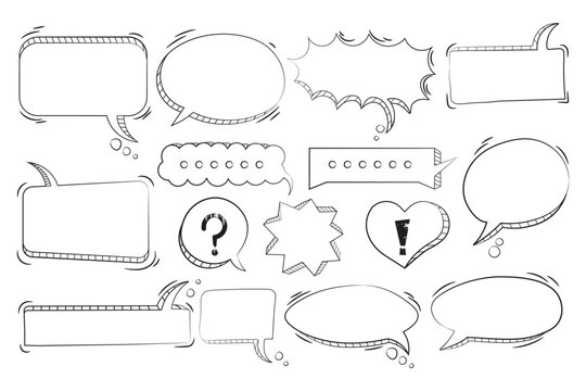 Hand Drawn Black and White Comic Speech Bubble Set with Doodle Chat Balloons, Blank Dialogue Boxes, Sketch Callouts, Cartoon Text Frames and Message Templates Isolated on White Background.