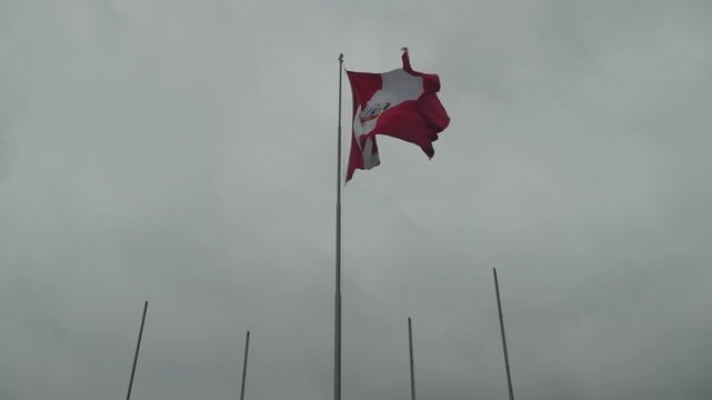 A big Peruvian red and white flag billowing in the wind. 4 other smaller flag poles stand around it. Recorded on a cloudy morning in Lima, Peru.