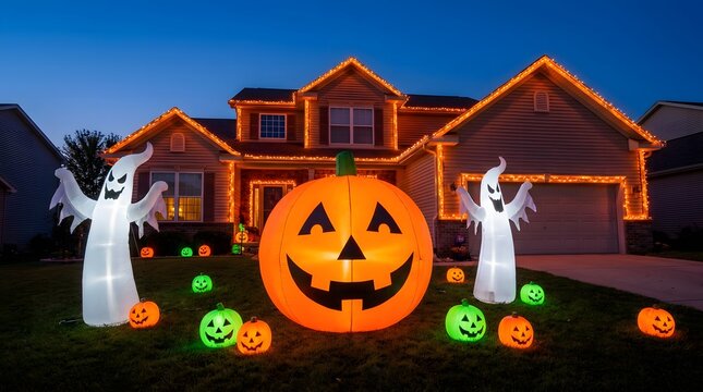 A suburban house decorated with glowing inflatable pumpkins and ghosts for a festive happy halloween holiday celebration