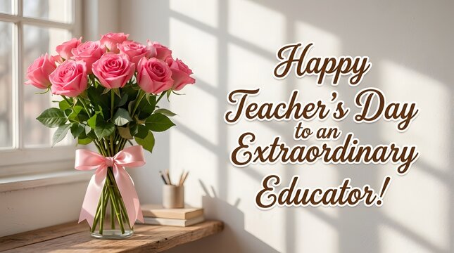 A beautiful bouquet of pink roses in a vase with a happy teachers day greeting for an extraordinary educator