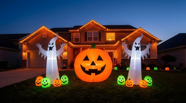 A suburban house decorated with glowing inflatable ghosts and pumpkins for a festive happy halloween holiday celebration