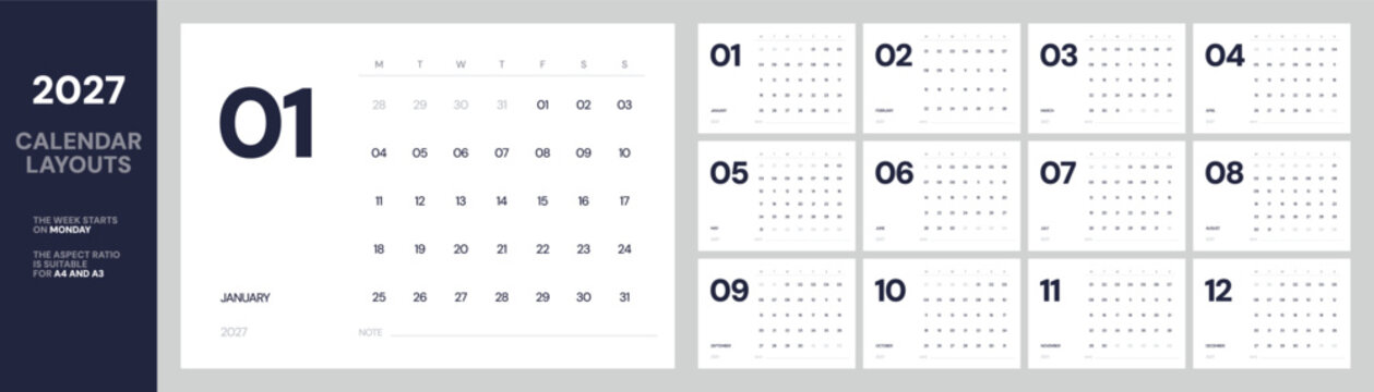 Minimal 2027 calendar layout featuring elegant typography, spacious monthly planner pages, Monday week format, printable A4 and A3 template for office, home, business organization and planning