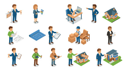 Fototapeta premium Colorful flat vector illustrations of diverse professionals at work.