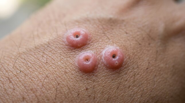 Close-up of molluscum contagiosum skin lesions on human skin