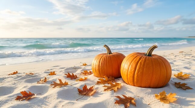 Two orange pumpkins on a tropical sandy beach with autumn leaves for a sunny happy halloween celebration