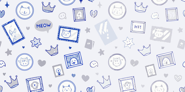 playful blue ink sketch photo frames and avatars on white background crown heart speech bubble star illustration vector pattern design childish fun cartoon