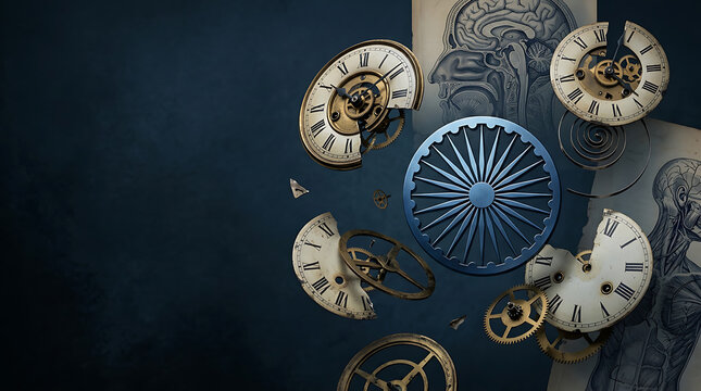 Digital collage with broken vintage clock faces, brass gears, and a blue spoked wheel floating beside anatomical brain and torso diagrams on a dark navy blue textured background.