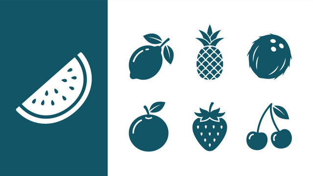 Minimalist Fruit Vector Icon Set with Watermelon Lemon Pineapple Coconut Orange Strawberry and Cherries. Flat vector illustration EPS 10.