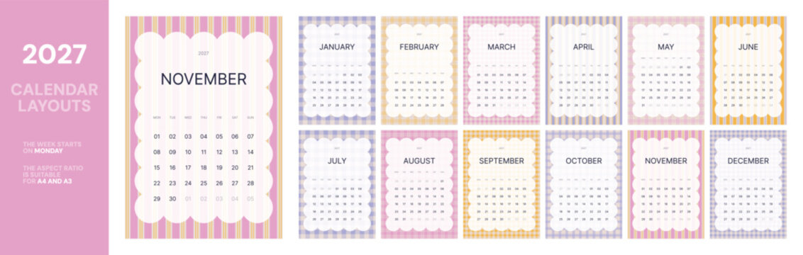 Colorful 2027 calendar collection with pastel striped backgrounds, elegant monthly planner templates, Monday week format, printable A4 and A3 layouts for modern organization and productivity
