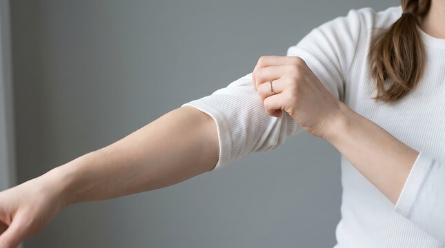 Woman rolling up sleeve of white ribbed knit sweater on grey background