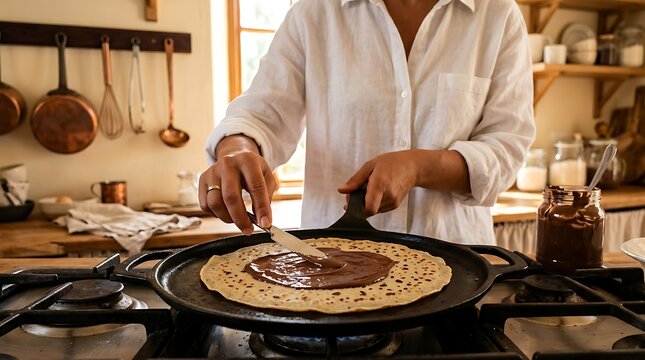 Woman spreading chocolate on crepe in kitchen