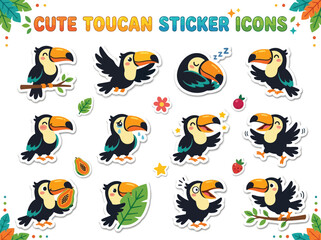 Obraz premium A collection of twelve cartoon toucan stickers displaying various emotions and actions on a white background