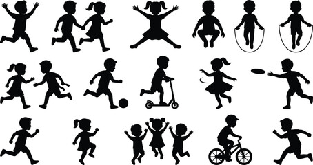 Children Playing Silhouettes Set with Running Jumping Cycling Scooter and Outdoor Activity Poses