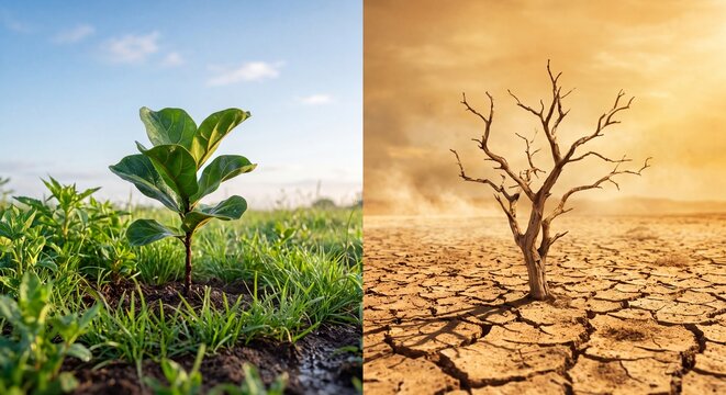 Dual comparison showing contrast between lush green growth and desolate barren cracked earth landscapes with leafless tree standing vibrant green sapling