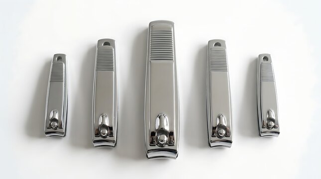 Set of five different sized nail clippers on white background