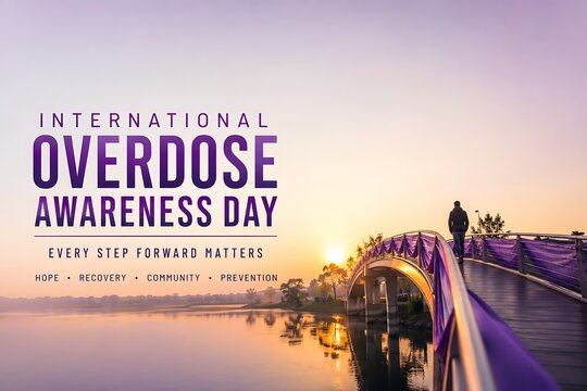 A single person walking across a modern bridge decorated with purple ribbons at dawn. international overdose awareness day overdose awareness. international overdose awareness day