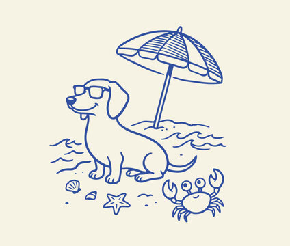 Vintage dachshund dog on beach vector illustration, retro line art puppy wearing sunglasses, summer vacation pet under beach umbrella