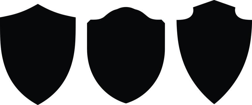 Blank Shield Silhouette Icon Set, Security Badge Black Vector Illustration Collection