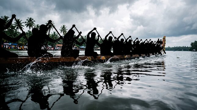 Silhouette of long boat rowers paddling synchronously on water during a traditional snake boat race