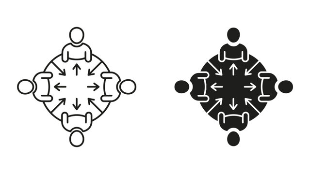 Group collaboration strategy meeting icons with centralized focus, collaboration