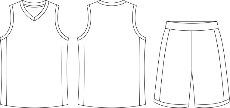 Blank basketball uniform technical flat sketch featuring jersey and shorts vector template