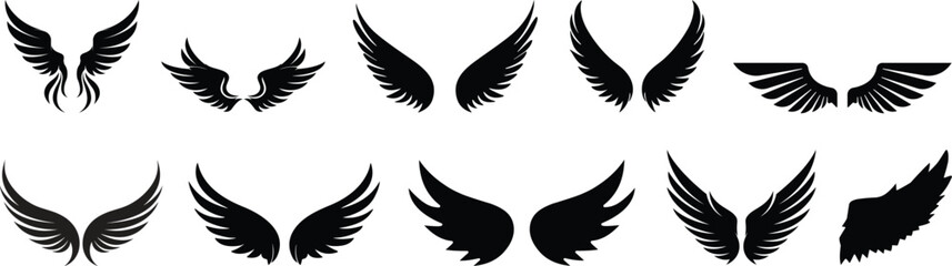 Fototapeta premium Wings icon, Black wing silhouettes, Angel and bird wings icons, Wings collection in different shapes.Vector angel wings set collection illustration drawing silhouette design graphic element isolated