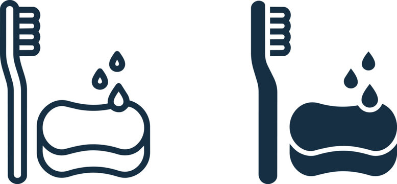 Toothbrush and sponge icons. Dental hygiene and cleaning tools vector set.