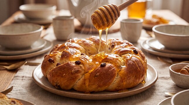 Honey being drizzled from a wooden dipper onto a warm challah bread with raisins