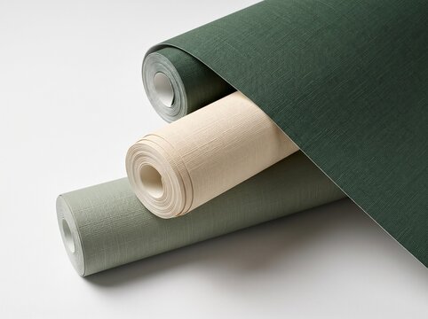 Three Rolls of Textured Wallpaper in Green and Beige Tones for Interior Design