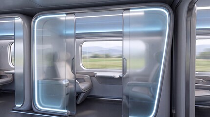 Fototapeta premium Futuristic train pod interior with glowing glass doors and window view of blurred landscape