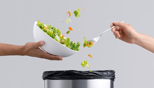 Hands discard fresh salad into a trash bin, food waste concept