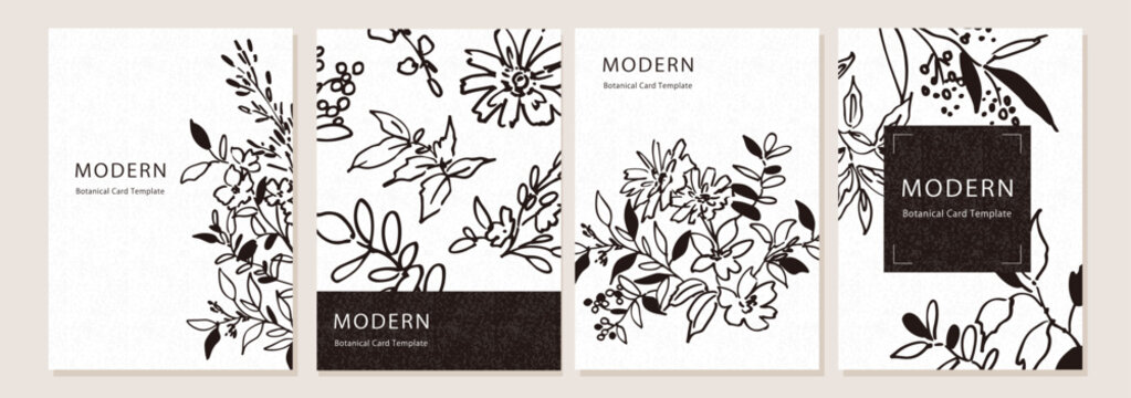 Modern Botanical Card Template Set with Doodle-Style Line Art for Flyers, Postcards, and Shop Branding