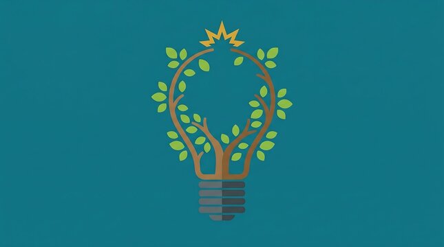 Minimal flat vector illustration of a light bulb made from growing tree branches with green leaves in monochrome black and white fineart vector style concept for persia iran green energy eco friendly 
