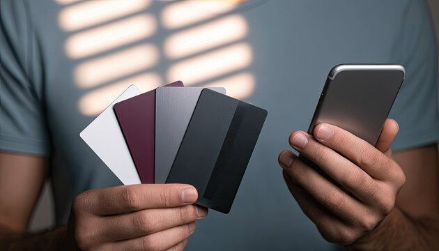 Hands hold a smartphone and several colored cards, suggesting online payment