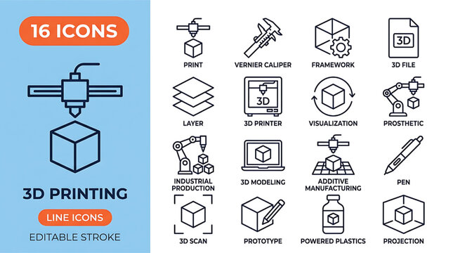 3D printing icon set for manufacturing and prototyping technology