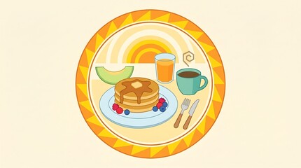 Flat line art illustration of pancake stack with berries hot coffee orange juice melon slice and morning sun in circular badge style in monochrome black and white fineart vector style concept for pers