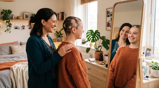 Mother supporting her smiling teenage daughter with alopecia looking in a floor mirror inside a cozy bedroom